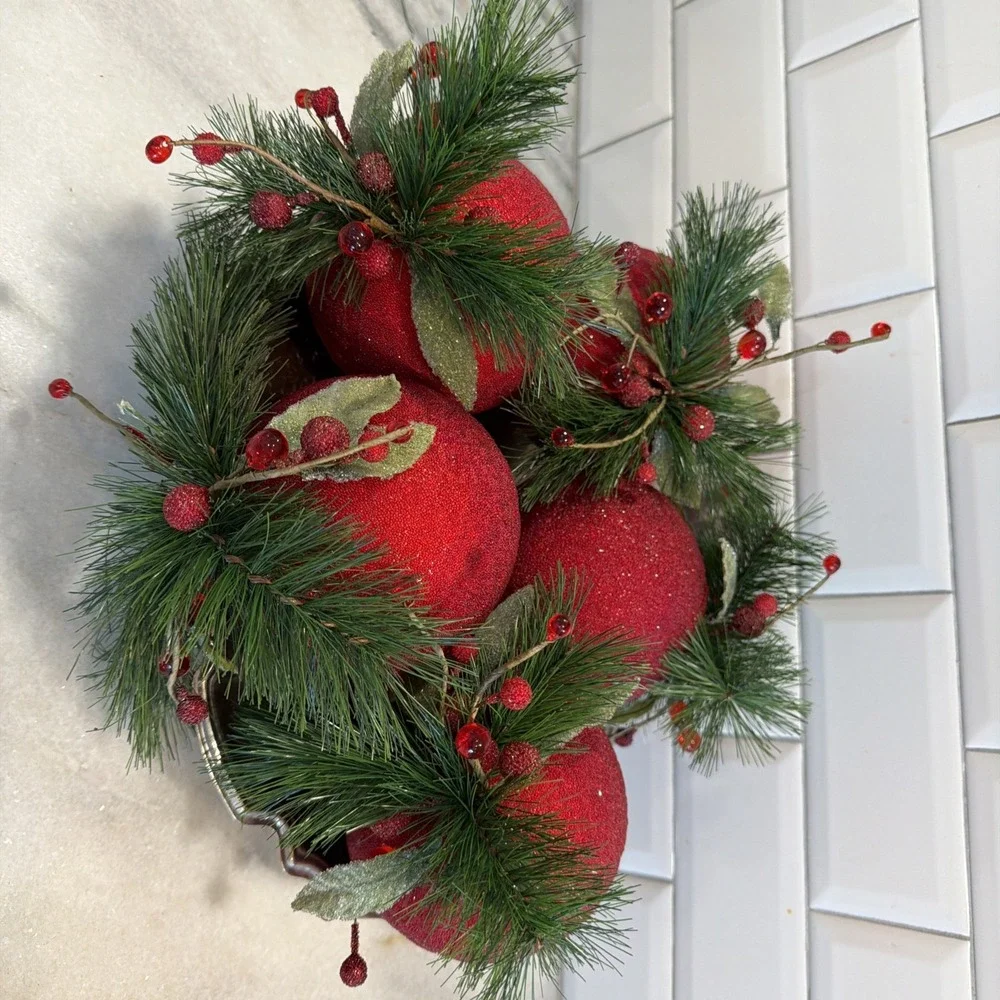 Set Of 5 Large Red Sparkle Christmas Balls With Pine And Cranberries